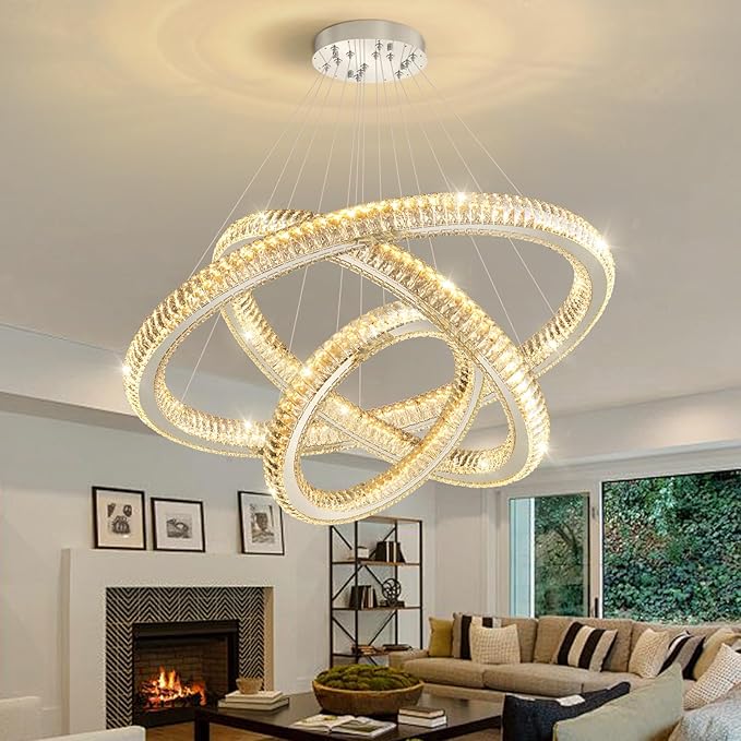 3 Rings Modern LED Chandelier Crystal Dimmable Large Foyer Chanderliers Entryway High Ceiling for Staircase Pendant Lights for Living Room Silver Light