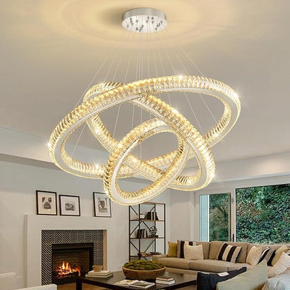 3 Rings Modern LED Chandelier Crystal Dimmable Large Foyer Chanderliers Entryway High Ceiling for Staircase Pendant Lights for Living Room Silver Light