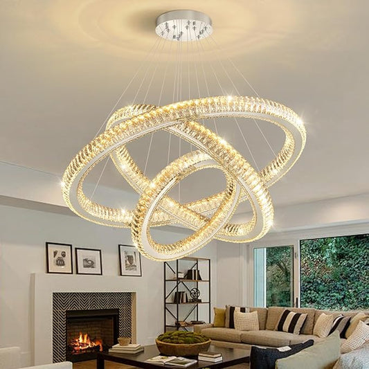 3 Rings Modern LED Chandelier Crystal Dimmable Large Foyer Chanderliers Entryway High Ceiling for Staircase Pendant Lights for Living Room Silver Light