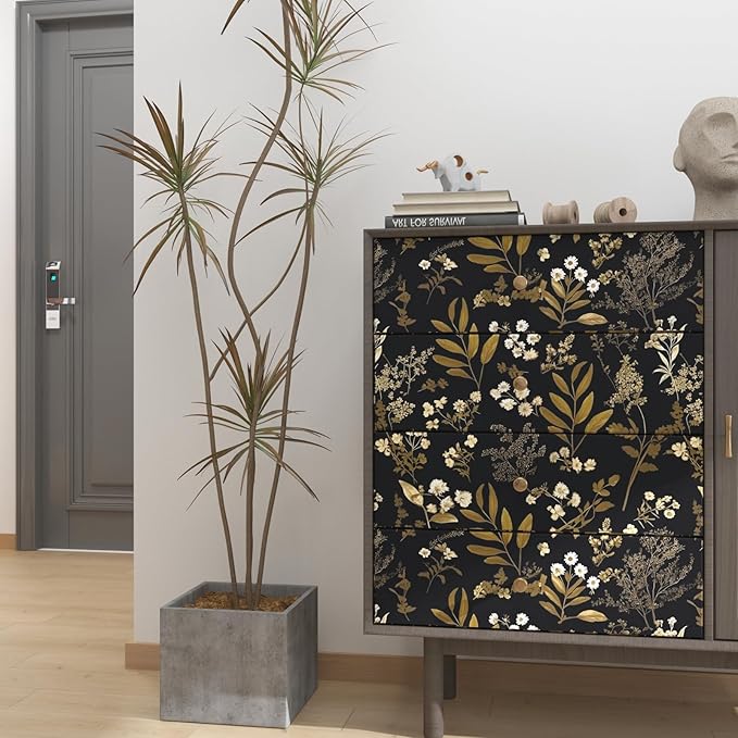 Gothic Wallpaper Peel and Stick Dark Floral Wallpaper 17.5in x 78.7in Vintage Leaf Contact Paper Vinyl Waterproof Self Adhesive Boho Botanical Wall Paper for Bedroom Cabinet Décor