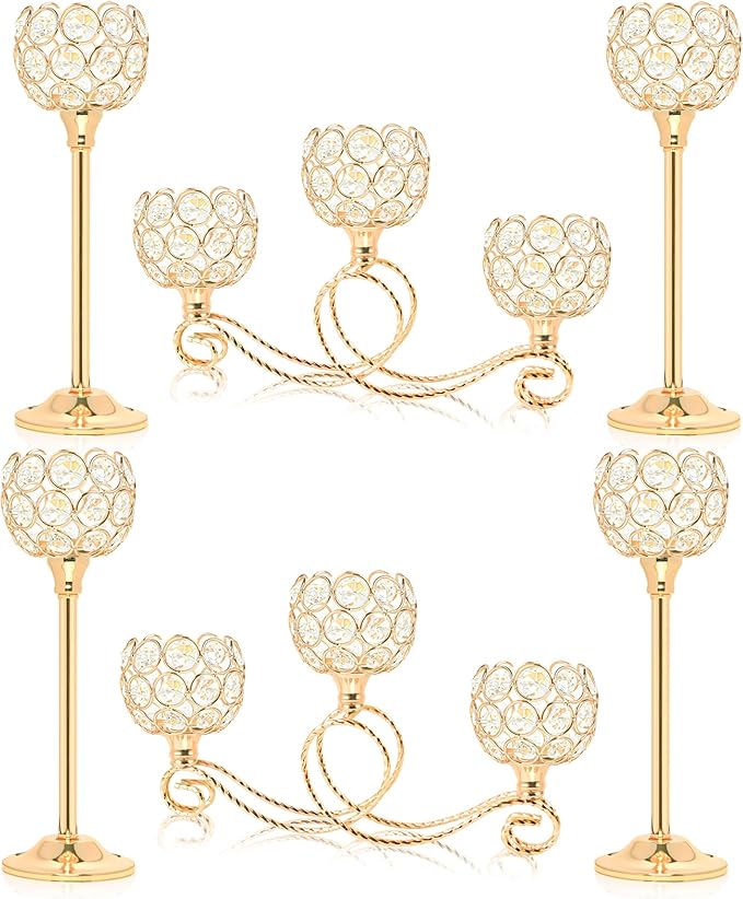 Gold Set of 6 Metal Crystal Tea Light Candle Holder, Elegant Wedding Table Centerpiece Candle Holder, Christmas Wishing Crystal Bowl Candle Holder Suitable for Wedding Party Living Room Decoration