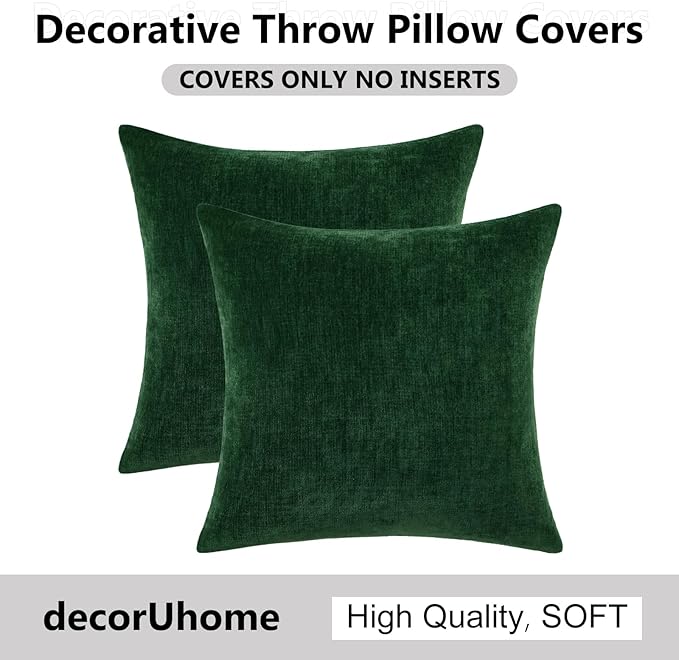 decorUhome Chenille Christmas Green Throw Pillow Covers 18x18 Inch Set of 2, Decorative Soft Couch Pillow Covers Solid Dyed Accent Farmhouse Neutral Square Pillow Cases for Sofa