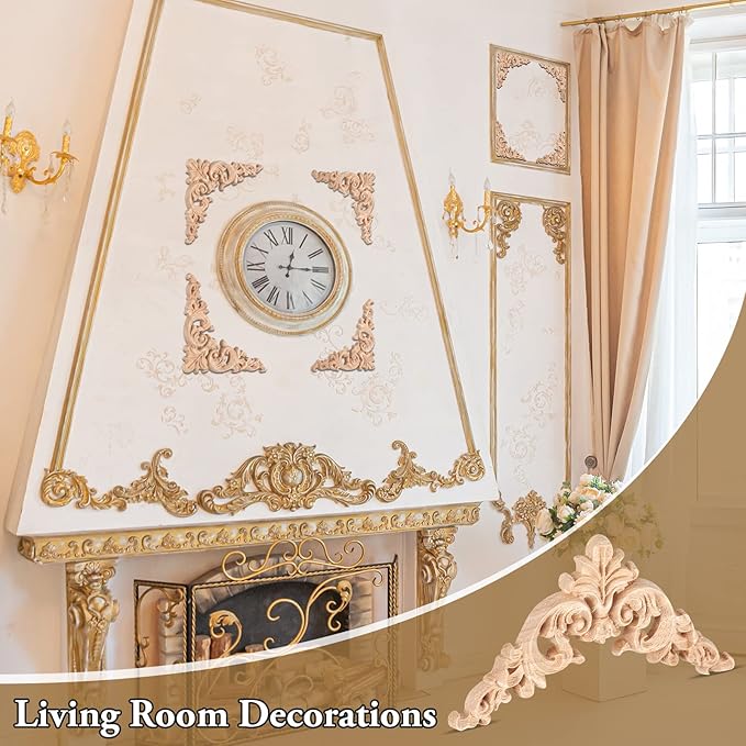 20 Pcs Wood Applique Corner Onlay Decorative Wood Applique DIY Wooden Carved Corner Unpainted Wooden Carved Decals Carving Decal for Furniture Wall Cupboard Bed Cabinet(Delicate Style)