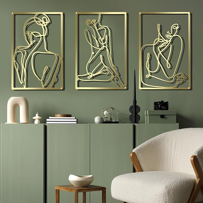 CHENGU 3 Pieces Gold Wall Decor Minimalist Wall Art Metal Line Wall Art Wall Decor for Bedroom Single Line Female for Kitchen Bathroom Living Room(Bright Style)