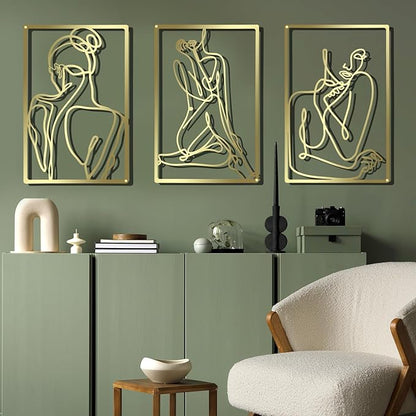 CHENGU 3 Pieces Gold Wall Decor Minimalist Wall Art Metal Line Wall Art Wall Decor for Bedroom Single Line Female for Kitchen Bathroom Living Room(Bright Style)