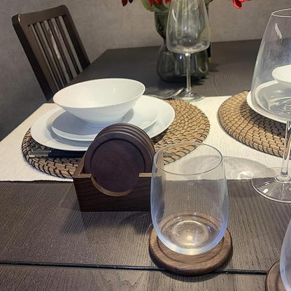 Mu&Ti Classic Walnut Dark Coaster Set of 6 Pieces. Including The Holder Pure Natural Wood and Texture. Wonderful Decor for Dining Tables and Office Tables