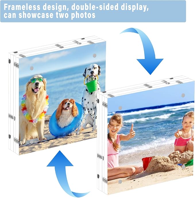 HELPLEX 5 Pack 8x8 Acrylic Picture Frames, 24mm Thicker Square Frameless Clear Frame Double Sided Magnetic Frame, Free Standing Desktop Display Stand Acrylic Frames