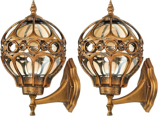 Gold Outdoor Wall Light Fixtures, Globe Exterior Aluminum Waterproof Porch Lights, Sphere Anti-Rust Outside Lantern Wall Mount with Amber Glass for Patio Backyard Garage Doorway, 2 Pack