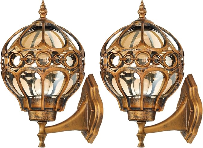 Gold Outdoor Wall Light Fixtures, Globe Exterior Aluminum Waterproof Porch Lights, Sphere Anti-Rust Outside Lantern Wall Mount with Amber Glass for Patio Backyard Garage Doorway, 2 Pack