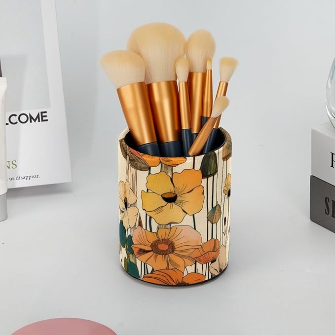 Pen Cup Holder for Desk, Large Pencil Holder, Aesthetic Mushroom Vintage Beige Colorful Flowers Desk Stationery Storage Organizer Makeup Brush Holder for Home Office School
