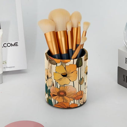 Pen Cup Holder for Desk, Large Pencil Holder, Aesthetic Mushroom Vintage Beige Colorful Flowers Desk Stationery Storage Organizer Makeup Brush Holder for Home Office School