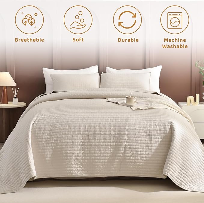 Sanracie Oversized Cal King Bedspread 128"*120" for Extra Bed, 3pcs 100% Cotton Quilt Wheat Colored Ultra Large Wide Oversized King Plus Coverlet Thin Comforter Ultra Soft and Cozy
