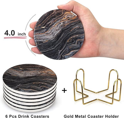 6 Pcs Black Ceramic Stone Modern Coasters with Holder Best Absorbent Drink Coasters Round Ceramic Table Coasters Set Best Coffee Table Ceramic Coaster Set