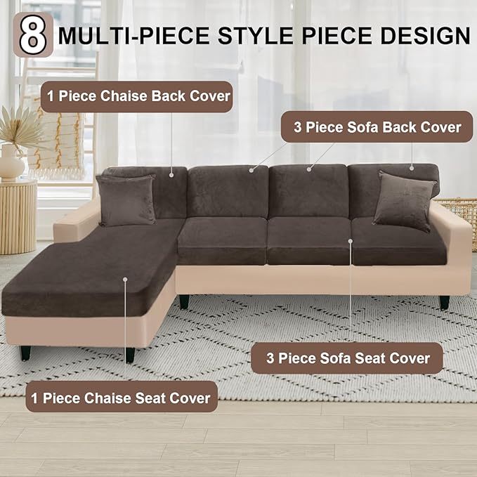 NAISI Sectional Couch Covers 8 Pieces Velvet Couch Cushion Covers L Shape Soft Stretch Sofa Slipcovers with 2pcs Pillowcases for Left/Right Chaise Sectional Couch(3 Seater+1 Chaise+4 Back,Brown)