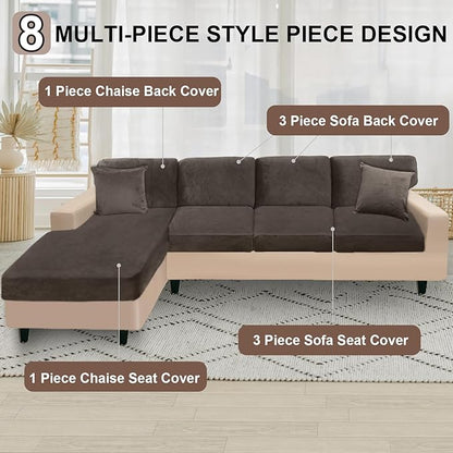 NAISI Sectional Couch Covers 8 Pieces Velvet Couch Cushion Covers L Shape Soft Stretch Sofa Slipcovers with 2pcs Pillowcases for Left/Right Chaise Sectional Couch(3 Seater+1 Chaise+4 Back,Brown)