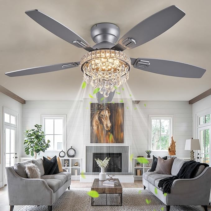 Crystal Ceiling Fan Fandelier with Lights-Ceiling Fans with Lights,50" Low Profile and Remote Control, Flush Mount, Reversible, Dimmable, Noiseless, Sliver Ceiling Fan for Bedroom