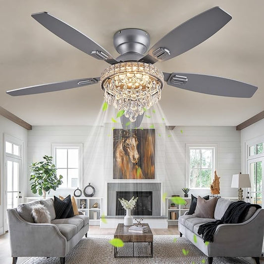 Crystal Ceiling Fan Fandelier with Lights-Ceiling Fans with Lights,50" Low Profile and Remote Control, Flush Mount, Reversible, Dimmable, Noiseless, Sliver Ceiling Fan for Bedroom