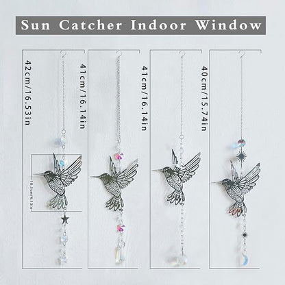 Artilady Suncatcher Hummingbird Wind Chimes for Outside Hanging Prism Crystal Sun Catchers Indoor Window Garden Porch Backyard Decor Birthday for Women Girls (Silver, 4 PCS)