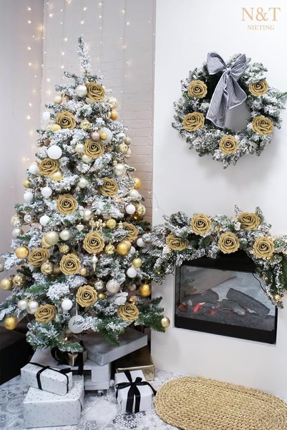 N&T NIETING Artificial Flowers Glowing Gold Flowers Foam 25pcs Glitter Roses Real Looking Fake Roses with Stem for DIY Wedding Bouquets Centerpieces Bridal Shower Party Home Decorations