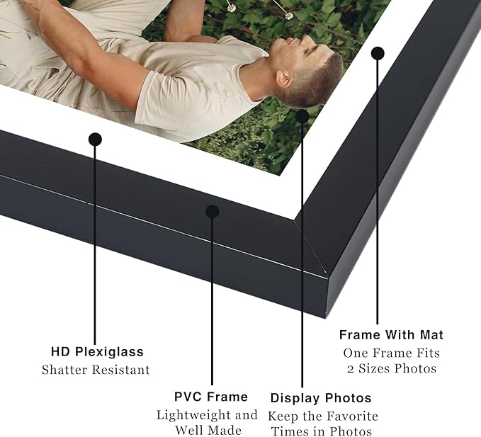 8x10 Picture Frame with 5x7 Mat Set of 2, Display Photo 5x7 with Mat or 8x10 without Mat, 8 by 10 Wall Poster Photo Frame with Shatter Resistant Plexiglass for Wall or Tabletop, 2 Pack, Black