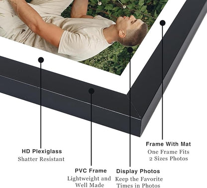 8x10 Picture Frame with 5x7 Mat Set of 2, Display Photo 5x7 with Mat or 8x10 without Mat, 8 by 10 Wall Poster Photo Frame with Shatter Resistant Plexiglass for Wall or Tabletop, 2 Pack, Black