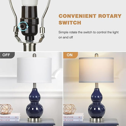 Double Gourd Ceramic Table Lamps Set of 2, Modern Navy Blue Bedside Lamps for Night Stand, Contemporary Nightstand Lamps for Bedroom Living Room (Bulb Included)