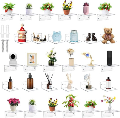 Juexica Small Acrylic Floating Shelves for Wall Adhesive Wall Mounted Shelves for Bathroom, Bedroom, Living Room, Office (Clear,30 Pcs)