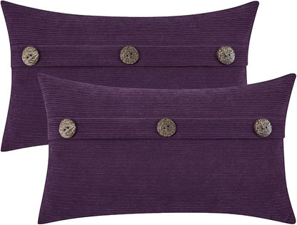 HWY 50 Purple Chenille Throw Pillow Covers 12x20 Inch with Triple Buttons, Soft Farmhouse Accent Decorative Cushion Cases for Couch Sofa Bed Living Room Pack of 2 Rectangle
