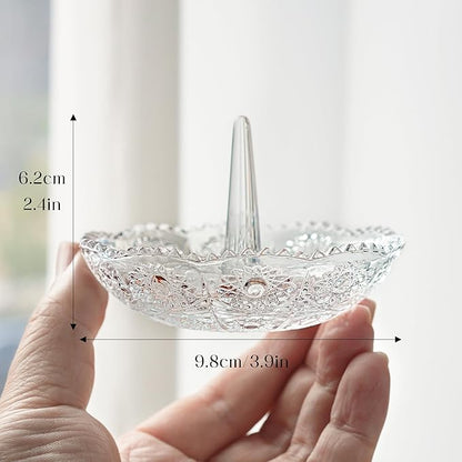 H&D HYALINE & DORA Crystal Ring Holder Dish, Clear Glass Ring Holder for Jewelry,Round Jewelry Holder Tray for Rings Earrings Necklace Organizer
