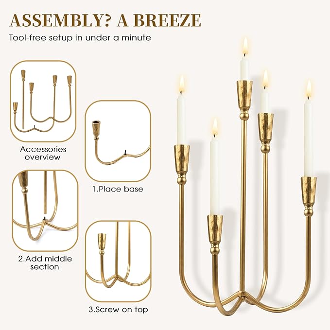 5 Arm Candelabra Cast Iron, 17.5 Inch Tall Candle Holder Antique Brass Candlestick Holder Stand for Taper Candles, Elegant Centerpiece Decor for Farmhouse, Wedding, Mantel & Dining Room