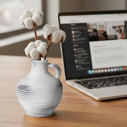 Rustic Farmhouse Vase, Ceramic Terracotta Vase with Handle, 6 inch Pottery Decorative Flower Vases for Home Decor, Table, Living Room, Bathroom, Shelf, Mantel Decor Grey
