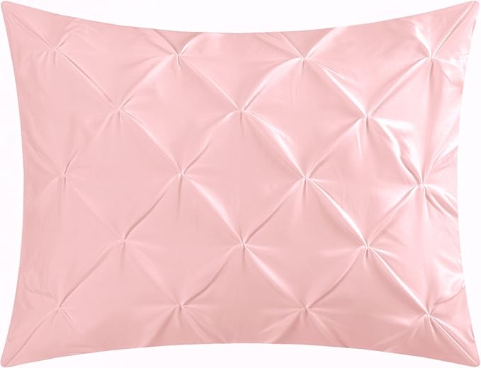 EVOLIVE 3pc Set Pinch Pleat/Kiss Pleat, Pintuck Down Alternative Comforter Set with Pompom (Twin, Pink)