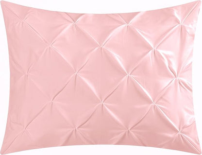 EVOLIVE 3pc Set Pinch Pleat/Kiss Pleat, Pintuck Down Alternative Comforter Set with Pompom (Twin, Pink)