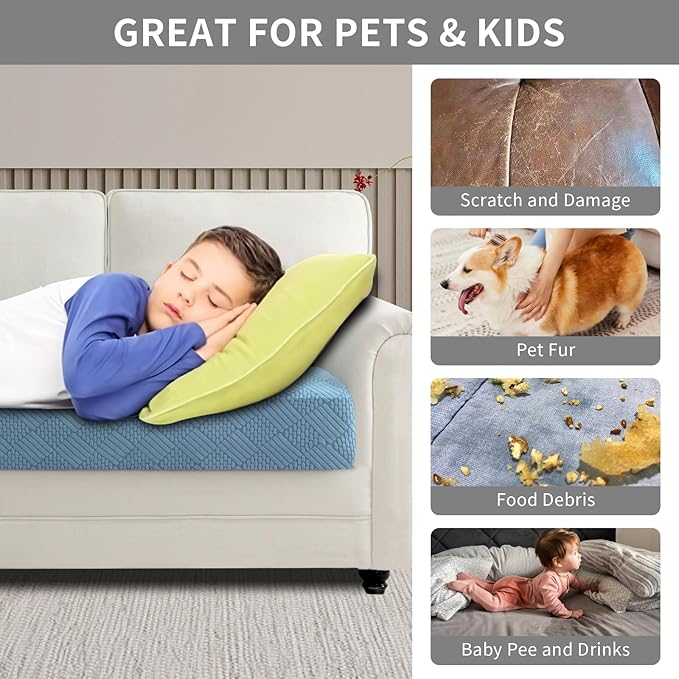 Easy-Going Waterproof Couch Cushion Covers for Couches and Sofas, Stretch Jacquard Sofa Seat Cover Replacement for Dogs, Pets & Kids, Durable Furniture Protector for Sofa Cushions, Lake Blue