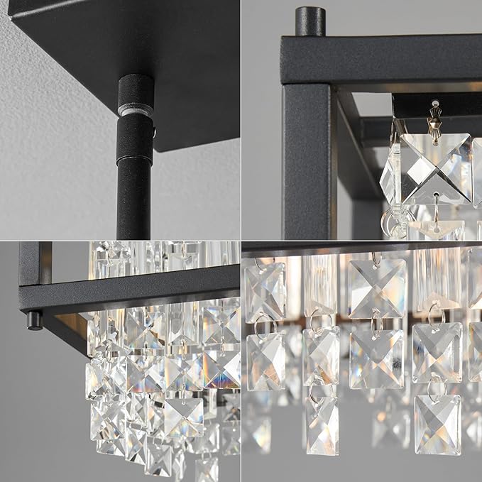 LMQNINE Modern Rectangle Chandelier for Dining Room, Black Crystal Chandelier Linear Light Fixture, Farmhouse Chandeliers for Kitchen Island, Bar Table, L30.7'' x W9.84'' x H8.66''