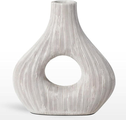 Torre & Tagus White Donut Vase for Flowers - 9 Inch Tall Textured Vases for Centerpieces, Sculptures Home Decor & Abstract Sculptures Home Decor for Shelf Decor Aesthetic (Alma White Flower Vase)