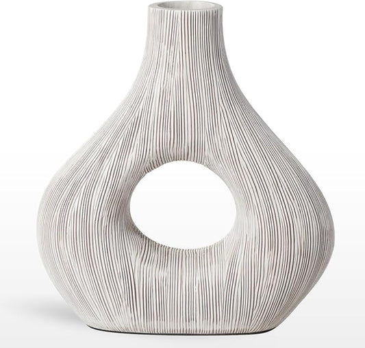 Torre & Tagus White Donut Vase for Flowers - 9 Inch Tall Textured Vases for Centerpieces, Sculptures Home Decor & Abstract Sculptures Home Decor for Shelf Decor Aesthetic (Alma White Flower Vase)