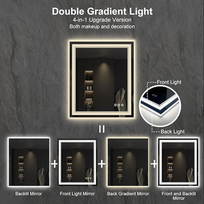 Lighted Mirror, 30x36 Inch Gradient Front and Backlit LED Mirror, 3 Colors Dimmable CRI>90 Double Lights, IP54 Enhanced Anti-Fog, Hanging Plates Wall Mount LED Bathroom Mirror