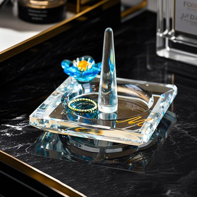 H&D HYALINE & DORA Glass Ring Holder Clear Ring Dish Jewelry Tray Decorative Trinket Dish for Rings Earrings Necklaces Birthday Mother's Day Christmas Gift for Women(M)