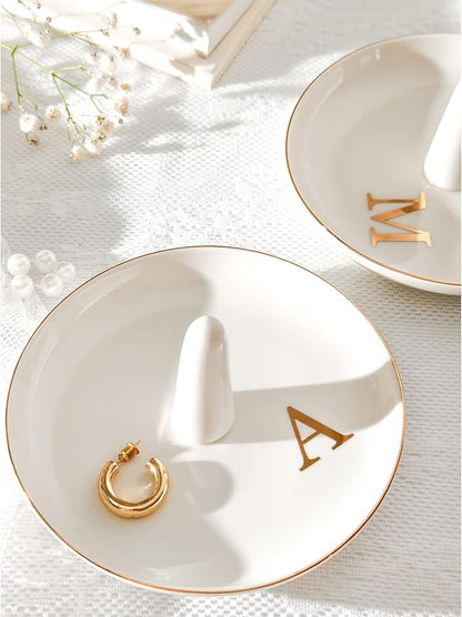 Ceramic Initials Jewelry Tray Ring Dish With Personalized P-Monogrammed Engagement Wedding Gifts, for Birthday Mother's Day for Women, Ceramic White 4.7" x2.4"