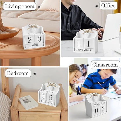 Rustic Wooden Desk Calendar - Adjustable Perpetual Cube (5.7x5.9in), White European-Style for Home Office Decor, Photography Prop