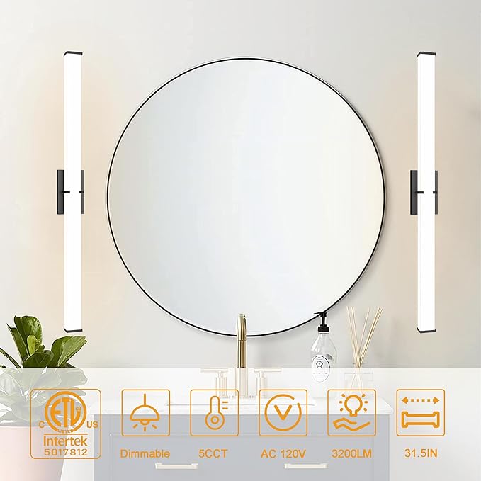 31.5Inch 3200LM Bathroom Light Fixtures 5CCT Optional, Black Modern LED Vanity Light Clear Shade, Dimmable Bathroom Lighting Fixtures Over Mirror - ETL Listed