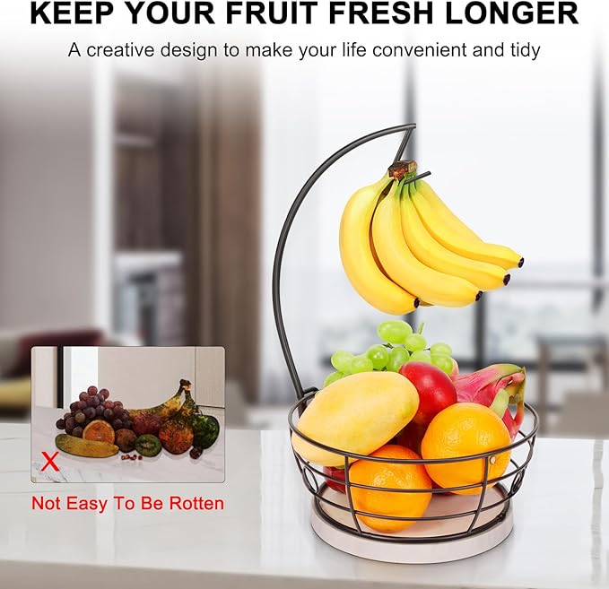 Livabber Countertop Fruit Basket Bowl with Banana Hanger, Modern Standing Fruit Vegetable Bowl Storage, with Banana Tree Holder for Kitchen Dinning Table (Round Marble, Black)