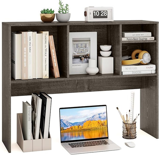 GOFLAME 4 Cubes Desktop Bookshelf, 37” Tabletop Wood Desk Shelf for Computer Monitor, Modern Countertop Desk Display Hutch Storage Organizer Shelf for Home Office, Dorm, Study (Grey)