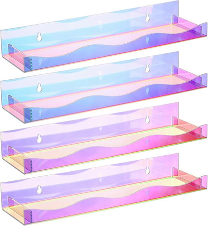 Hiceeden 4 Pack 15" Iridescent Acrylic Floating Shelves, Wall Mounted Floating Bookshelf Organizer for Room, Clear Nail Polish Sunglasses Display Shelf for Picture Ledge, Book, Funko Pop