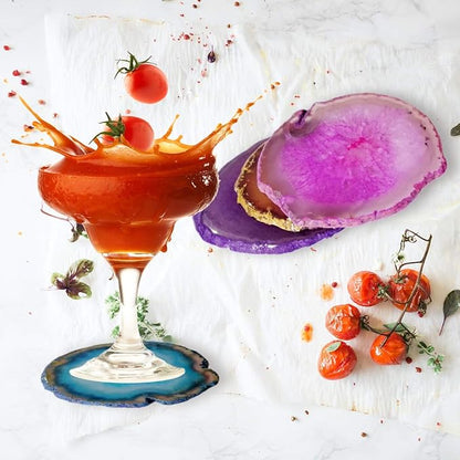 Agate Coaster for Drinks Mixed Color Crystal Coasters Set of 4 with Rubber Bumpers 3-4" for Coffee Wine or Bar Glasses