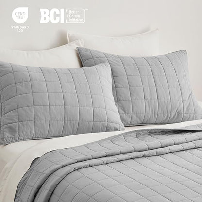 EVERGRACEHOME 100% Cotton Box Stitch Quilt Bedding Set Queen Size 3 Pieces, Garment-Washed Lightweight Soft Cozy Coverlet, Quilted Bedspread Sets with 2 Shams for All Season, Fog Gray