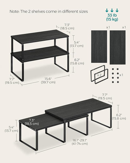 SONGMICS Cabinet Organizer Shelf, Set of 2 Kitchen Counter Shelves, Kitchen Storage, Spice Rack, Stackable, Expandable, Metal and Engineered Wood, Ink Black and Charcoal Black UKCS025B01