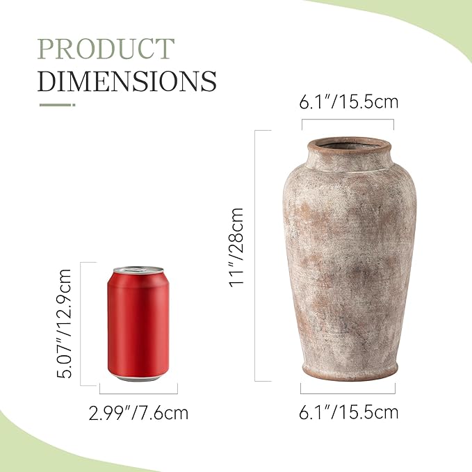 Ceramic Rustic Vase, 11 Inch Large Flower Vase Tall Farmhouse Decorative Vase Floral Pottery Vases for Home Decor Table Living Room Entryway Mantel Bedroom Bathroom Kitchen - Rustic