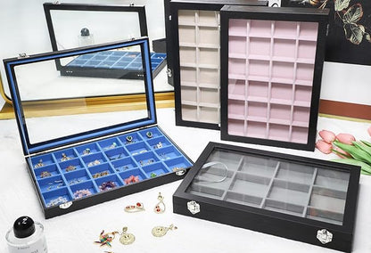 Stratalife Jewelry Organizer Earring Holder Jewelry Tray with Lid Earring Storage Drawer Organizer Earring Ring Storage for Women 30 Grid (Pink Black)
